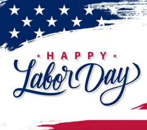 Happy Labor Day text with American flag colors and stars, blue and red white background, festive design.