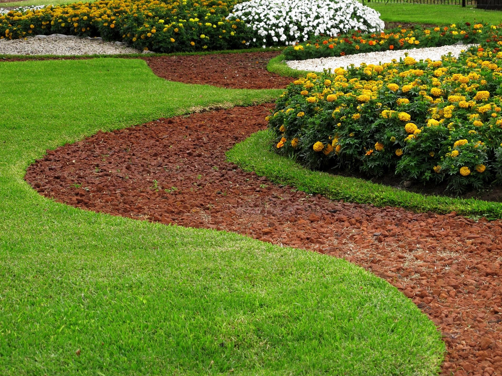 Curved garden path with brown mulch, surrounded by green grass and flowerbeds of yellow and white flowers in a landscaped garden.